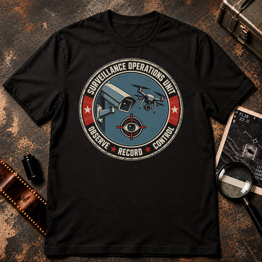 Surveillance Operations Unit vintage military patch design featuring a security camera, drone, watchful eye, and Observe Record Control motto.