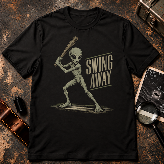 Swing Away alien baseball shirt graphic featuring a grey alien holding a wooden baseball bat in a batting stance