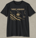 A black short-sleeve crewneck t-shirt with a detailed golden-brown graphic on the front. The graphic features the text 'TARGET ACQUIRED' above a stylized cloud pattern, a glowing aircraft silhouette, and navigation-style text on a textured gray background.