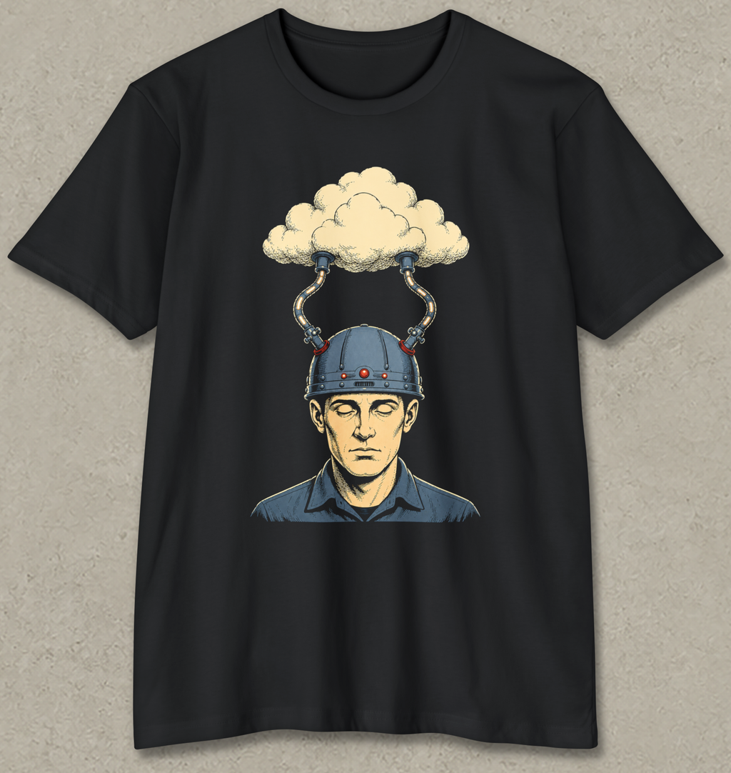 A black short-sleeve crewneck t-shirt featuring a graphic print of a man's face wearing a blue helmet with a cloud growing out of it, displayed flat against a textured gray background.