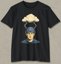 A black short-sleeve crewneck t-shirt featuring a graphic print of a man's face wearing a blue helmet with a cloud growing out of it, displayed flat against a textured gray background.