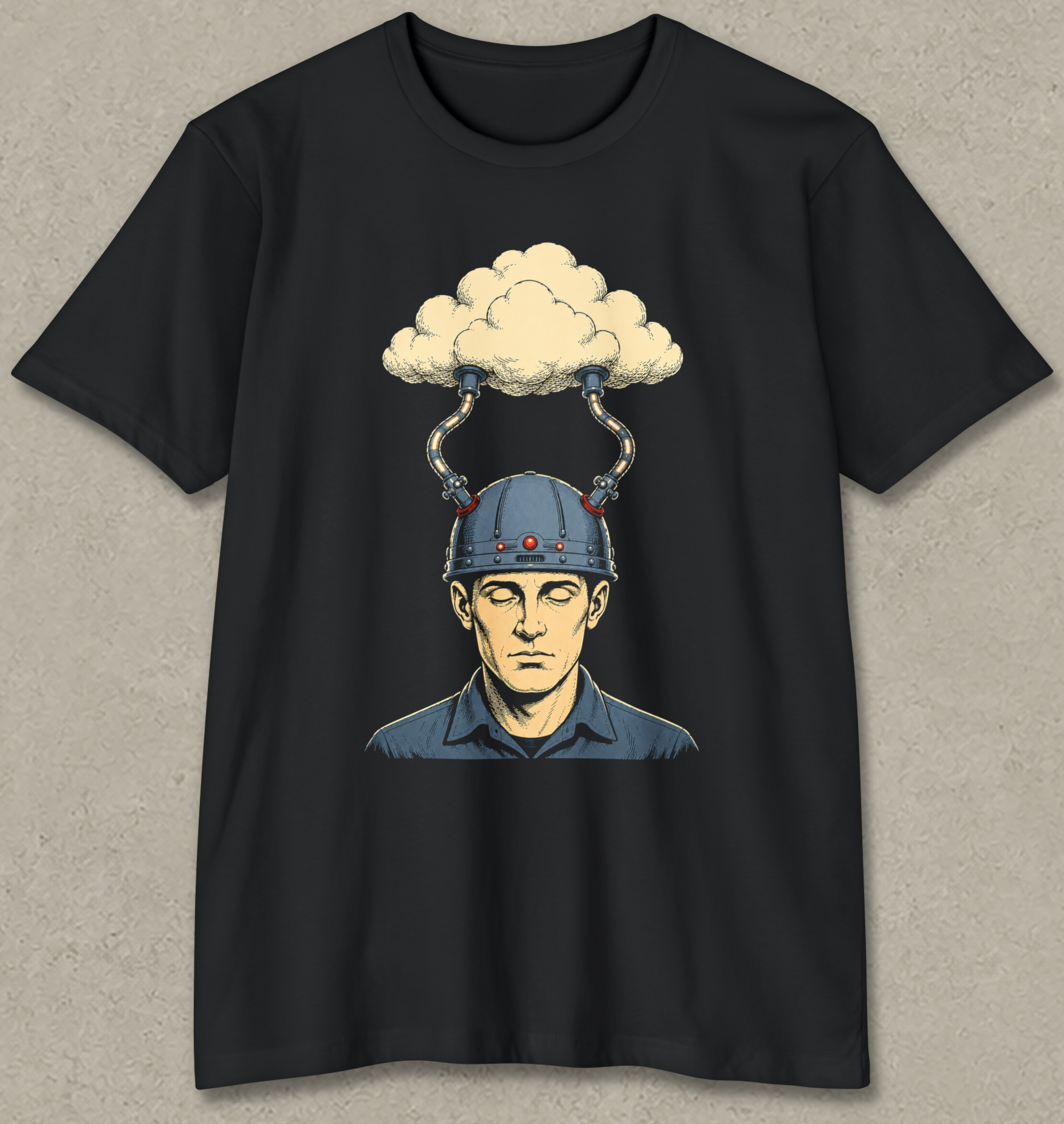 A black short-sleeve crewneck t-shirt featuring a graphic print of a man's face wearing a blue helmet with a cloud growing out of it, displayed flat against a textured gray background.