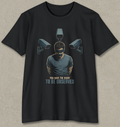 A black short-sleeve t-shirt with a graphic print of a man wearing a blindfold and eyepatch, surrounded by three security cameras, with the text 'YOU HAVE THE RIGHT TO BE OBSERVED' underneath, displayed on a textured gray background.
