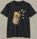 A black short-sleeve crewneck t-shirt featuring a graphic print of a can labeled 'Uap's' filled with white beans, with three knives stabbing into the can, shown against a textured gray background.