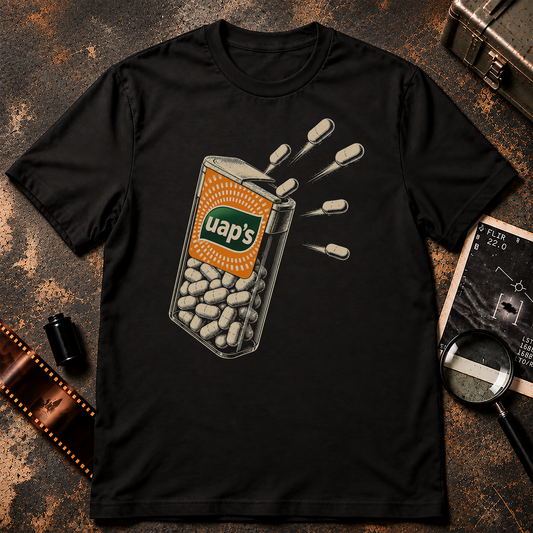 TIC TACS UAPs shirt design featuring an orange mint container filled with white capsule-shaped objects flying out of the open top, inspired by the famous Tic Tac UAP sightings.