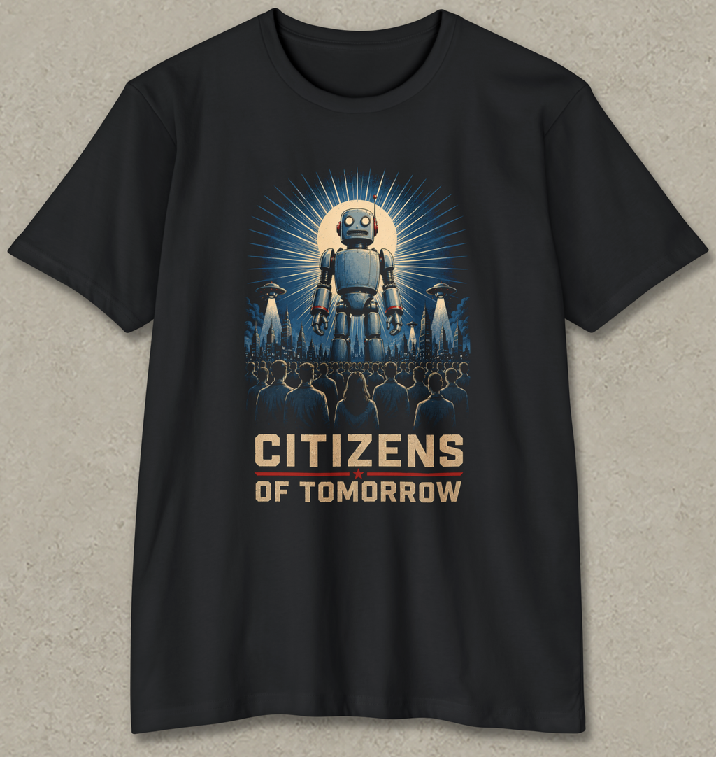 A black short-sleeve t-shirt with a graphic print of a robot and the text 'CITIZENS OF TOMORROW' in beige and blue, displayed on a textured gray background.