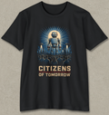 A black short-sleeve t-shirt with a graphic print of a robot and the text 'CITIZENS OF TOMORROW' in beige and blue, displayed on a textured gray background.