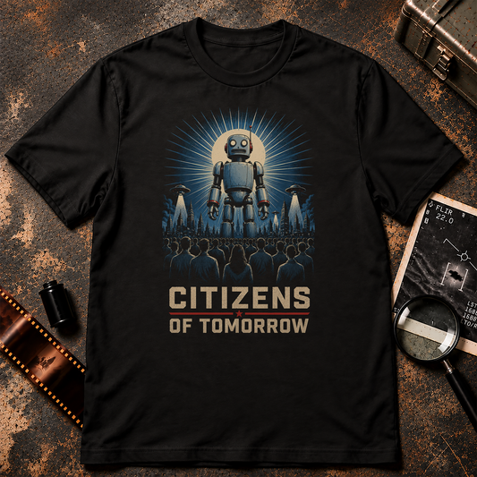 CITIZENS OF TOMORROW shirt graphic featuring a giant retro blue-gray robot towering over a crowd in a futuristic city while UFOs hover overhead, illustrated in a vintage propaganda style.