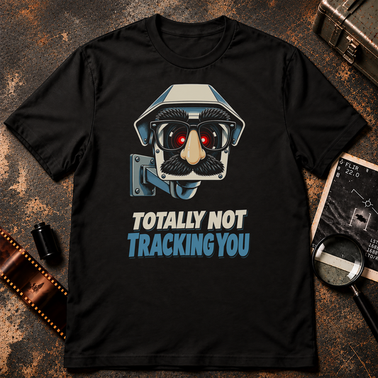 TOTALLY NOT TRACKING YOU shirt design featuring a surveillance camera wearing Groucho-style glasses, a fake nose, and mustache with glowing red lenses.