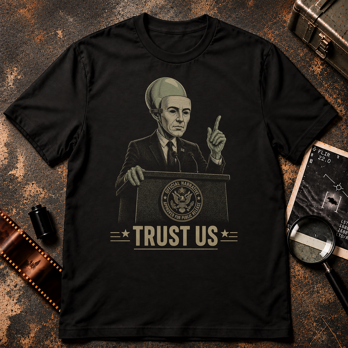 Retro conspiracy graphic of a grey alien in a blue suit standing behind a government-style podium and removing a human face mask, with American flags behind him and the words “TRUST US” below.