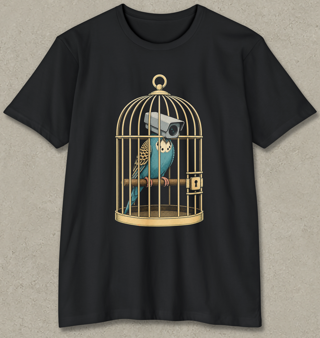 A black short-sleeve crewneck t-shirt featuring a graphic print of a blue and gold parrot inside a gold birdcage with a security camera on its head, displayed against a textured gray background.
