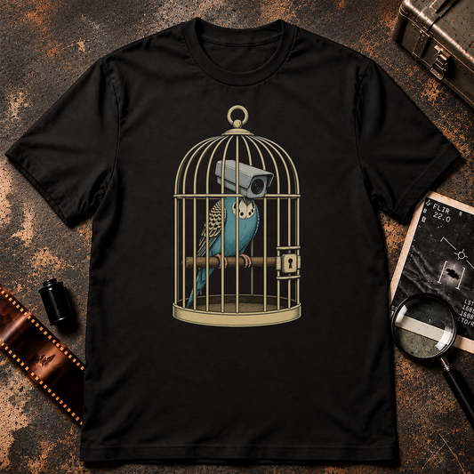 Birds Aren’t Real surveillance shirt design featuring a blue bird in a locked cage with a security camera replacing its head.
