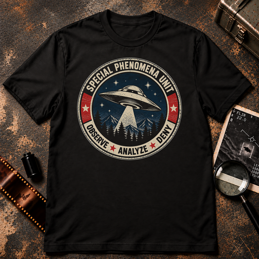 Special Phenomena Unit vintage military patch-style UFO design with a flying saucer over mountains and the motto Observe Analyze Deny.