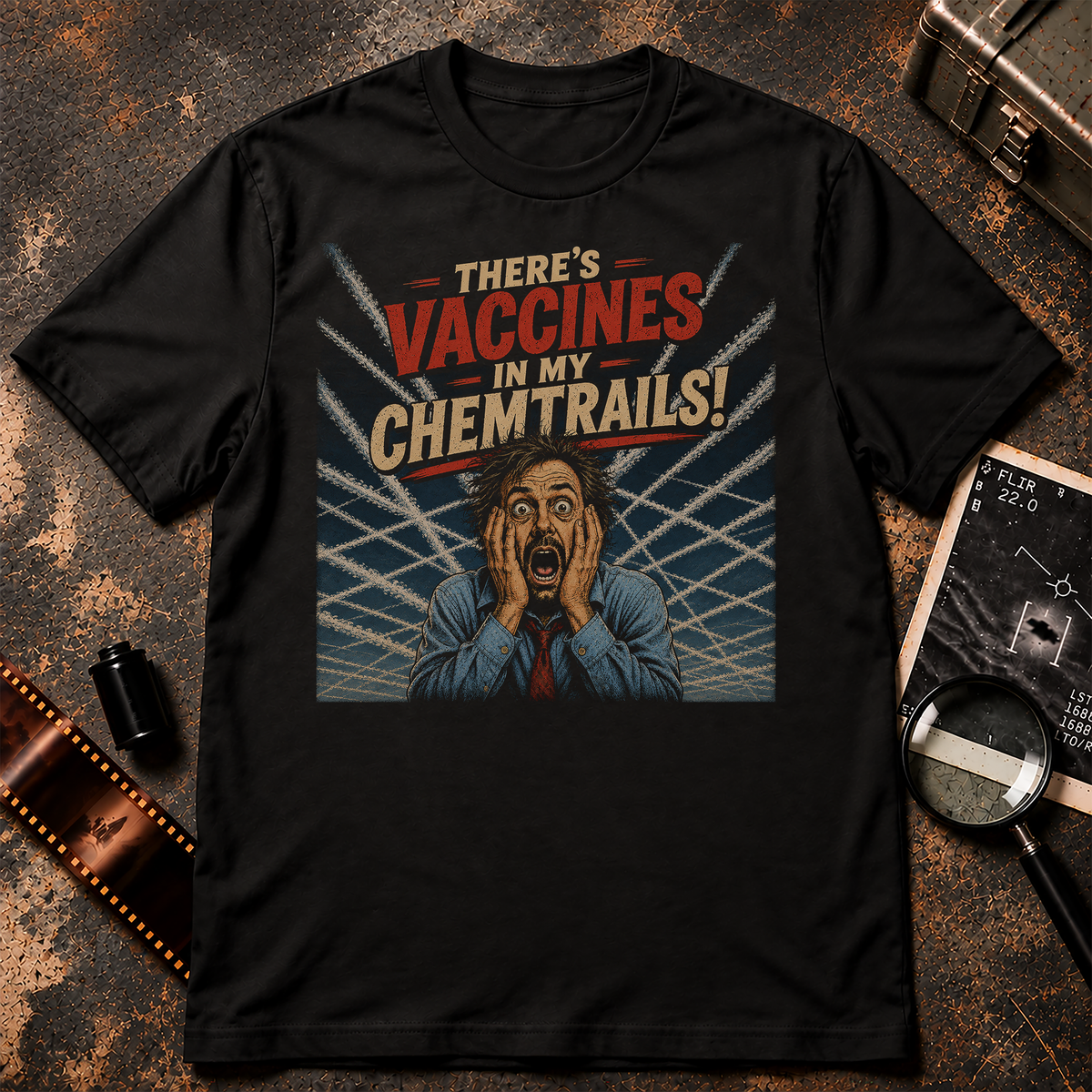 Satirical conspiracy graphic featuring a shocked man with messy hair holding his face beneath a sky filled with intersecting aircraft contrails. Large distressed cream and red text reads “THERE’S VACCINES IN MY CHEMTRAILS!”