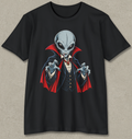 A black short-sleeve crewneck t-shirt featuring a graphic print of a vampire alien with a large gray head, large black eyes, and a dark cape with red lining, shown against a textured light gray background.