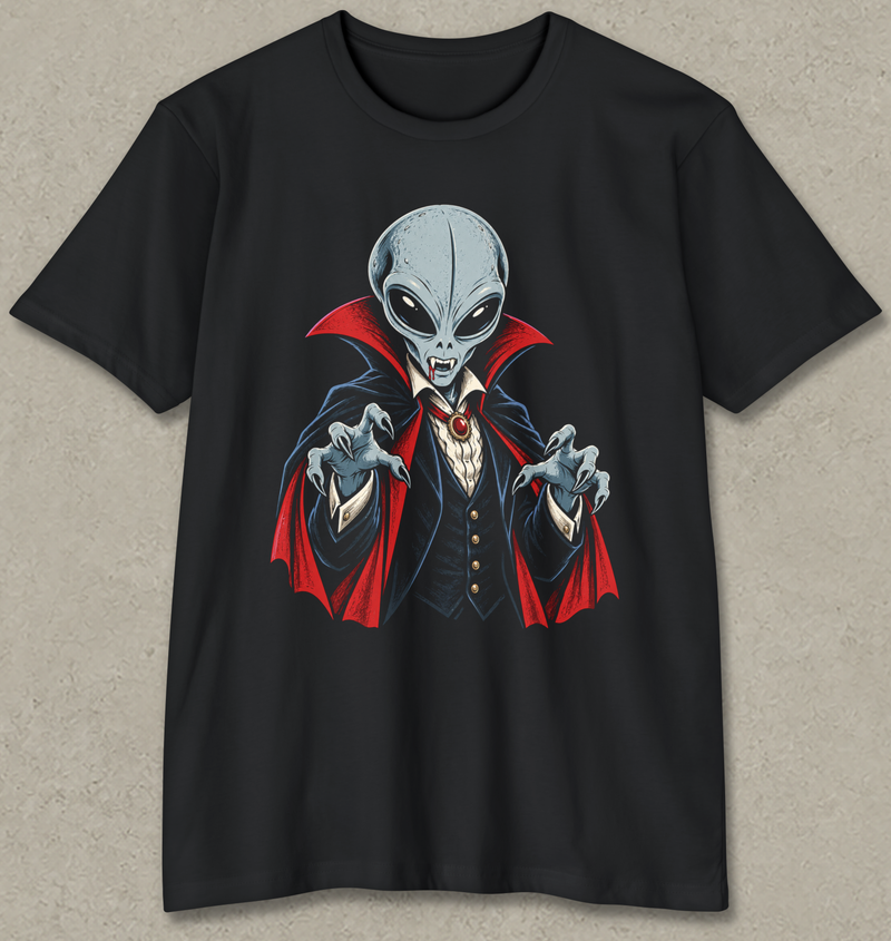 A black short-sleeve crewneck t-shirt featuring a graphic print of a vampire alien with a large gray head, large black eyes, and a dark cape with red lining, shown against a textured light gray background.