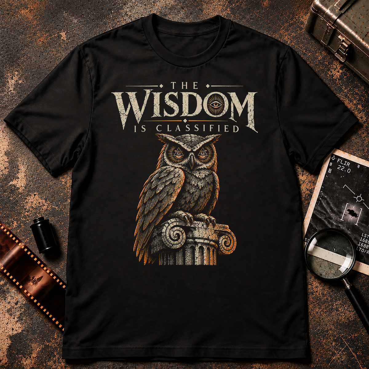 The Wisdom Is Classified T-Shirt design featuring a detailed owl with orange all-seeing eye symbols perched on an ancient stone column. Distressed cream typography reads THE WISDOM IS CLASSIFIED, with orange accents and a black background.
