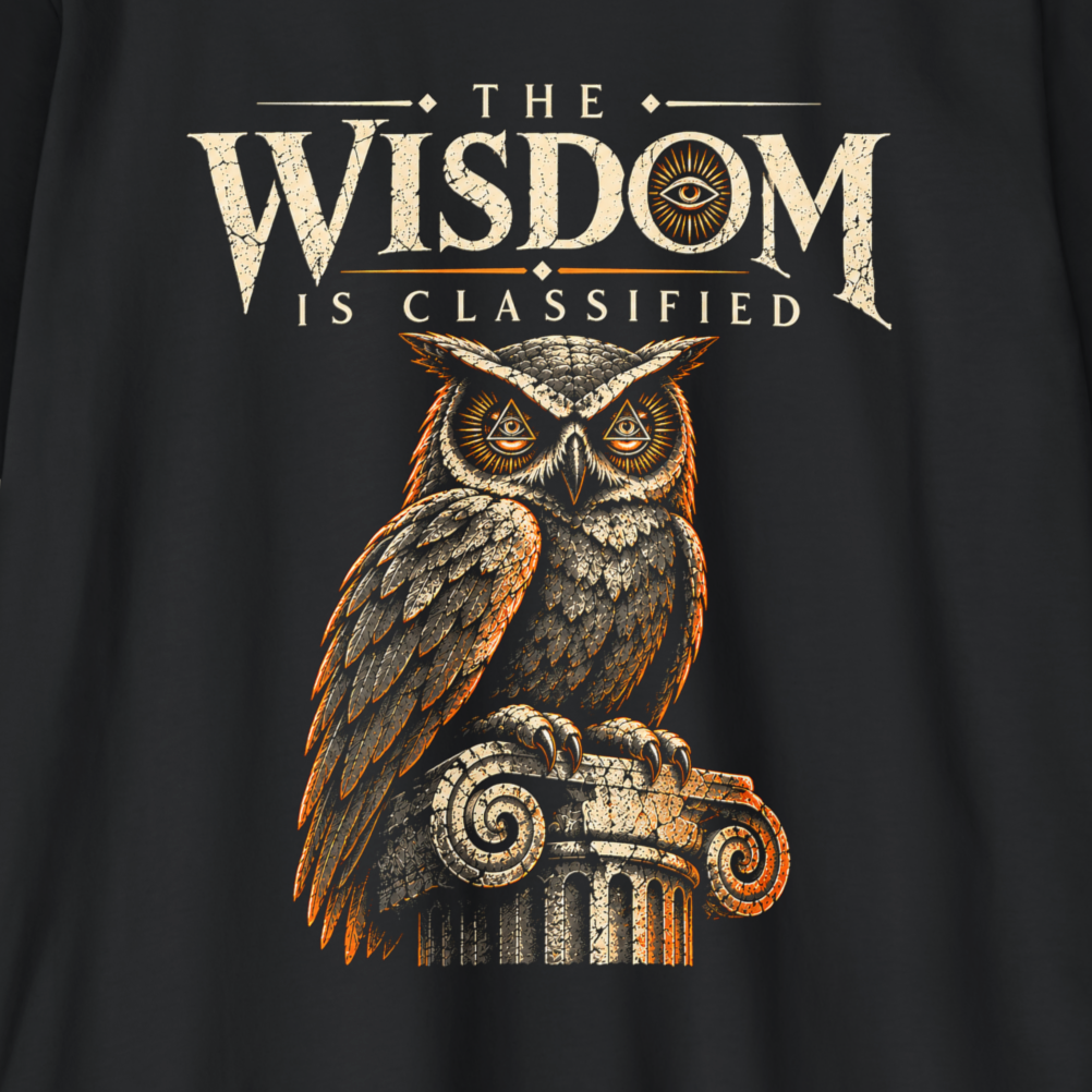 A close-up of a black shirt featuring a graphic print with the text 'THE WISDOM IS CLASSIFIED' and a detailed owl perched on a column.