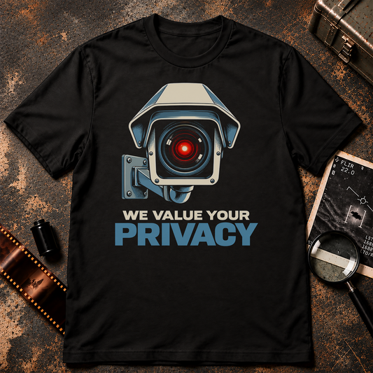 WE VALUE YOUR PRIVACY shirt design featuring a large surveillance camera pointed at the viewer with a glowing red lens and bold blue and cream text.