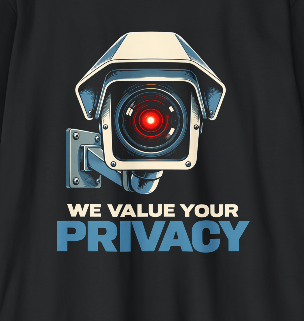 WE VALUE YOUR PRIVACY shirt design featuring a large surveillance camera pointed at the viewer with a glowing red lens and bold blue and cream text.