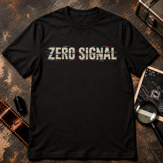 Zero Signal shirt graphic featuring distressed cream typography with red and blue-gray digital glitch distortion
