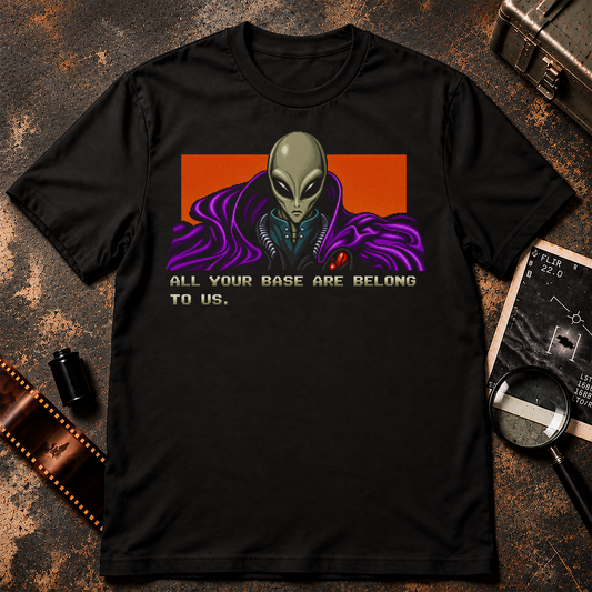 Retro pixel-art grey alien in futuristic clothing against a purple and orange sci-fi background with the text “ALL YOUR BASE ARE BELONG TO US.”