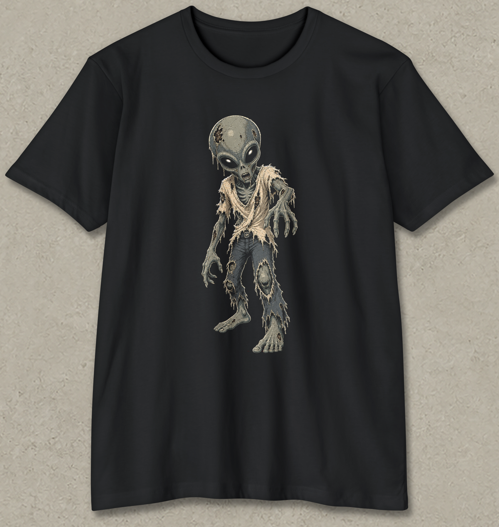 A black short-sleeve crewneck t-shirt featuring a graphic print of a distressed, tattered alien standing in the center. The t-shirt is displayed flat against a textured gray background.