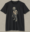 A black short-sleeve crewneck t-shirt featuring a graphic print of a distressed, tattered alien standing in the center. The t-shirt is displayed flat against a textured gray background.